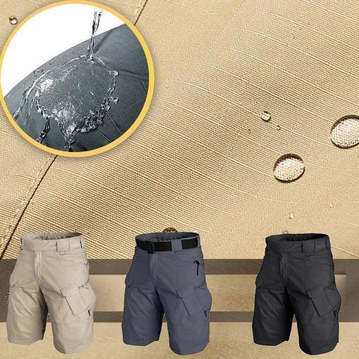 Vattenavvisande tygdetalj på militärshorts med närbild