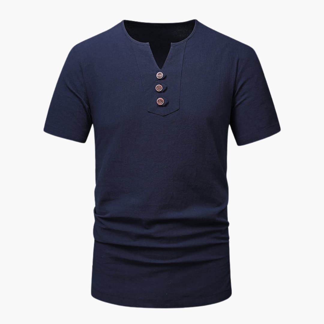 Marinblå herr t-shirt med kort ärm och stilren notch-ringning. Perfekt casual vardagsplagg.