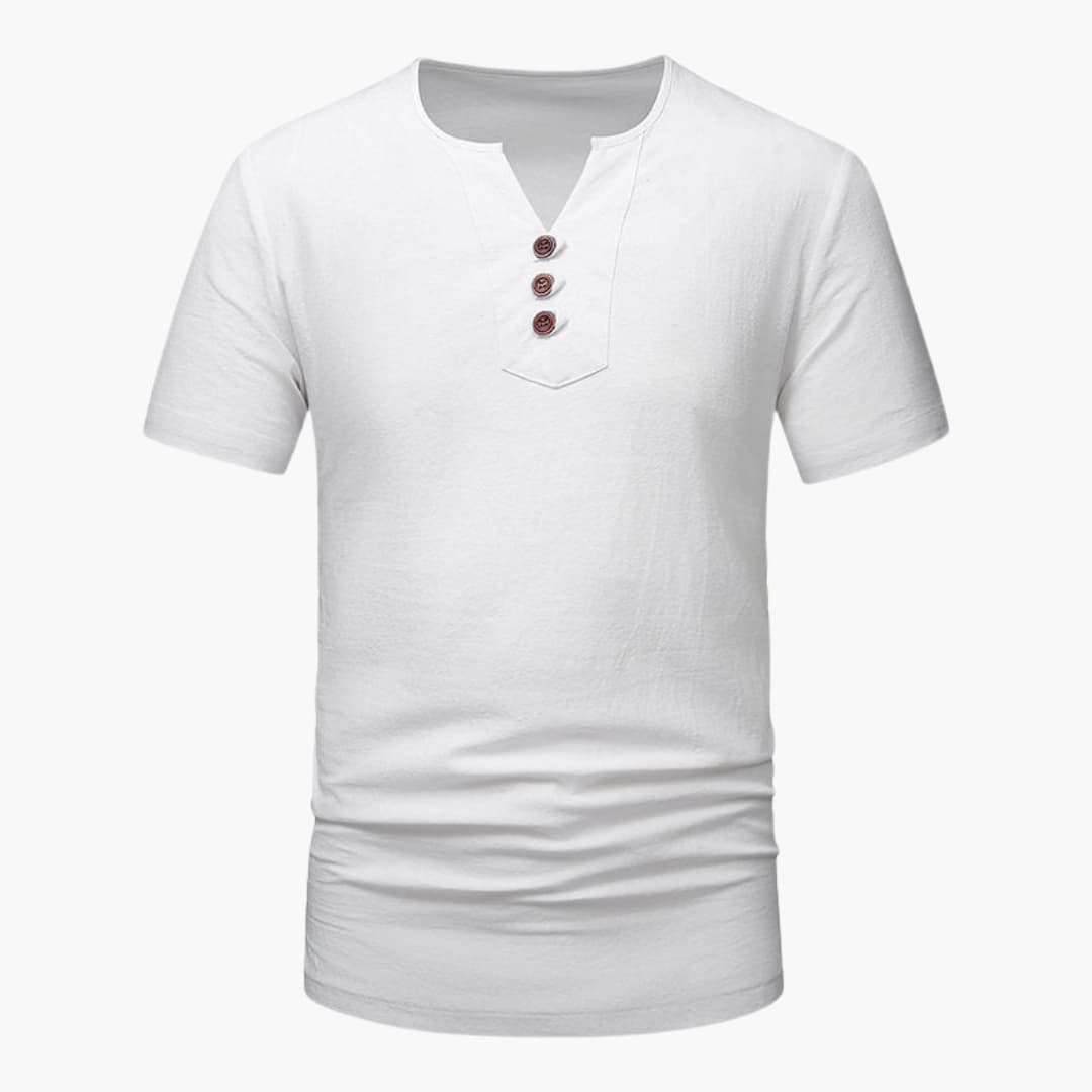 Vit herr t-shirt med kort ärm. Modern notch-ringning för en ledig sommarstil. Bekväma herrkläder.