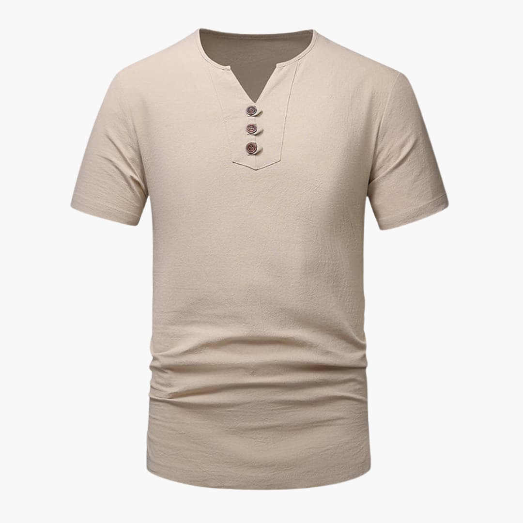 Khaki herr t-shirt med kort ärm. Elegant notch-ringning, idealisk för en avslappnad sommarlook.