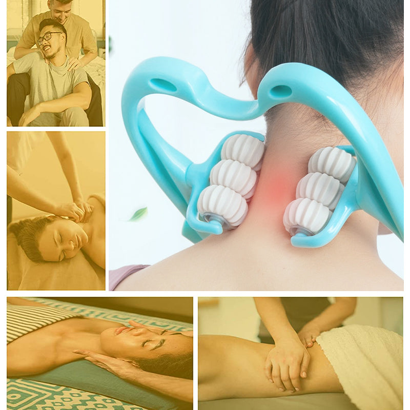 "Massageapparat för hals och axlar i blå/rosa, ergonomisk svanform, för avslappning och välbefinnande."