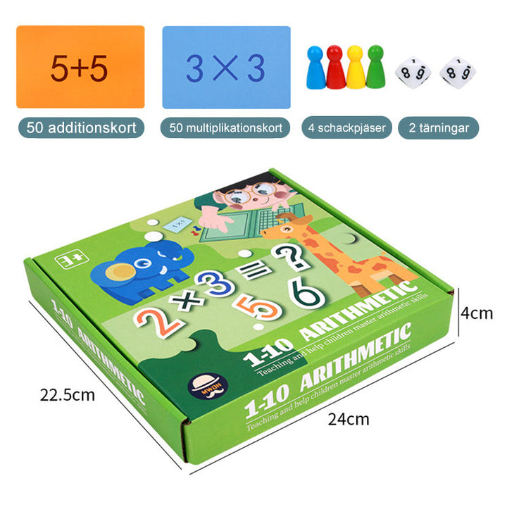 "Matematiskt barnspel i trä med magnetisk design, innehåller kort och schackpjäser för lärande och spelupplevelse."