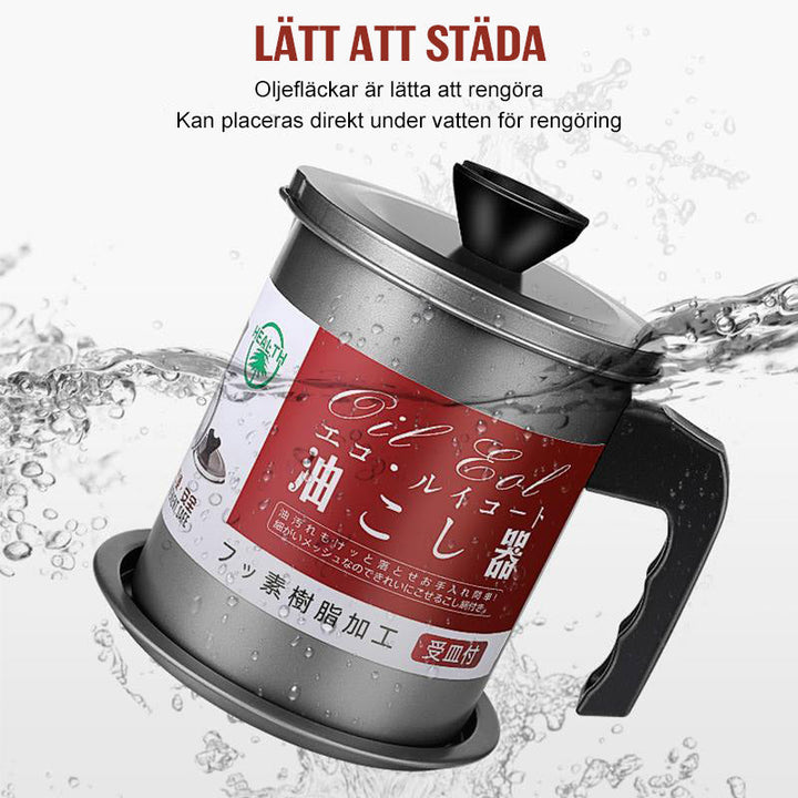 "Matoljefilter i polerat rostfritt stål, fettbehållare för säker återvinning, stilren design i silver."