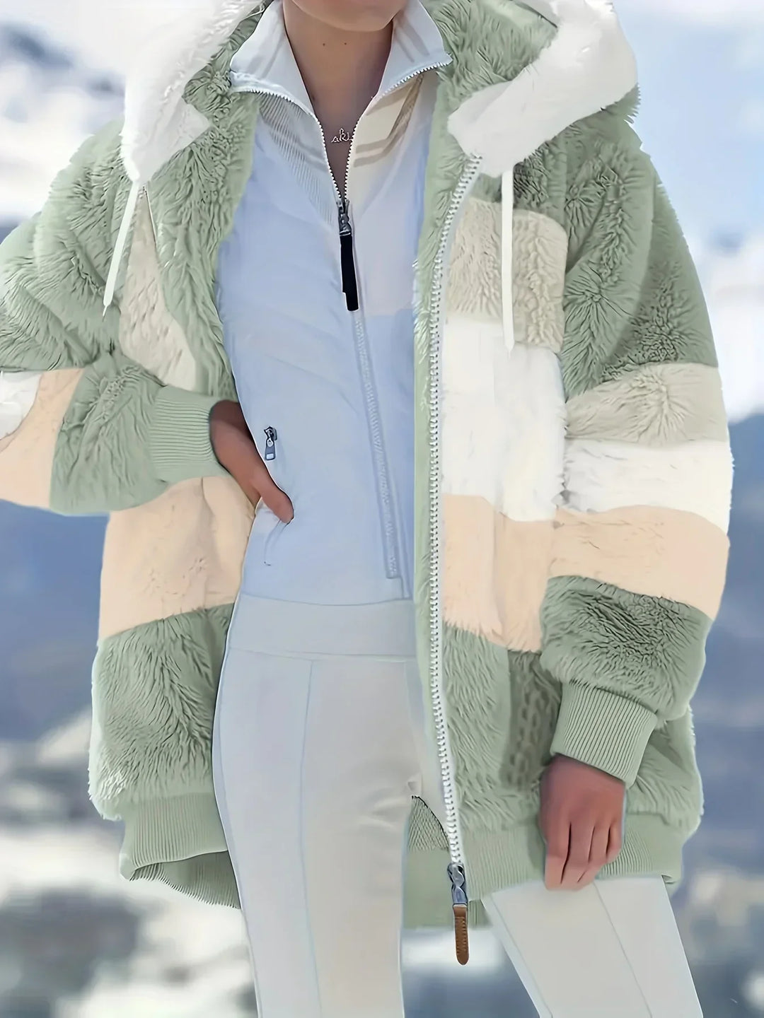 Mellanlång damjacka Layla med huva, som kombinerar mysighet och en modern stil.