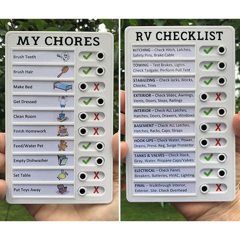 "Memo Checklista för barn, husbil, vårdgivare, 3D-printad i biologiskt nedbrytbar plast, kompakt och anpassningsbar design."