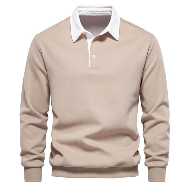 Beige herrpikétröja med lång ärm och klassisk krage