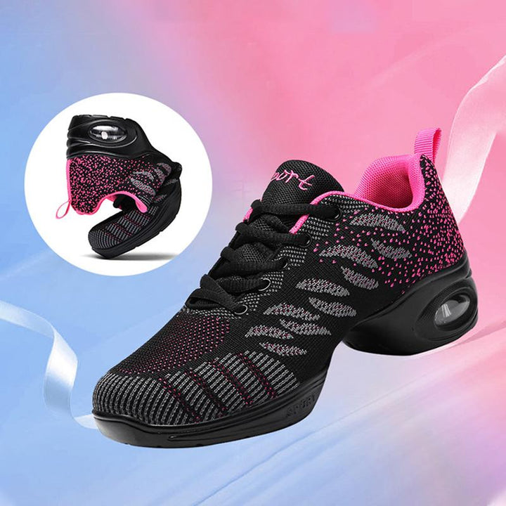 "Mesh jazzdansskor med polyuretansula, stilren design, perfekt för utomhussport. Andas och flexibel. Set ovanifrån."