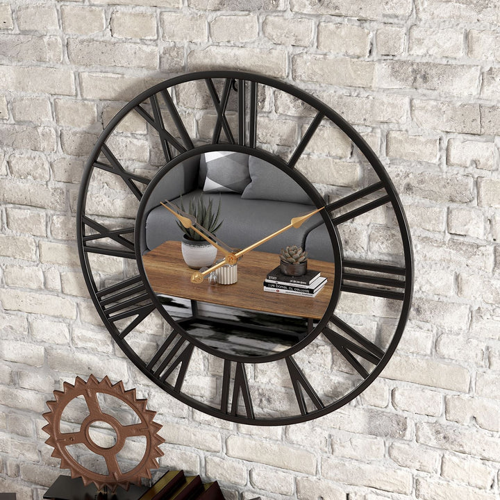 Modern svart väggklocka med spegel i industriell stil på vit tegelvägg