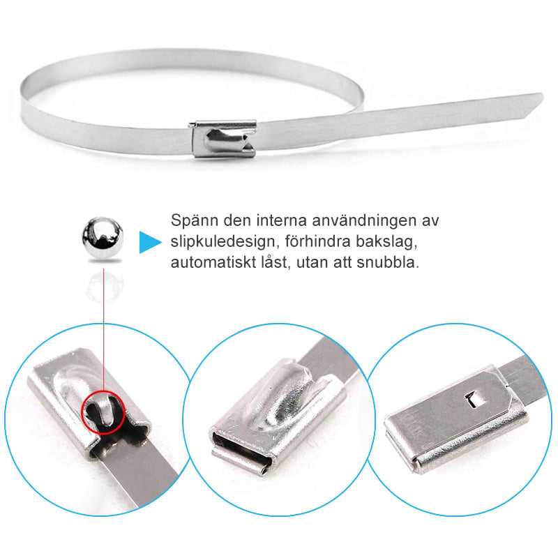 Metalliska spännband av rostfritt stål med blanka ytor och stabila sömmar, perfekt för industriellt bruk och hushåll.