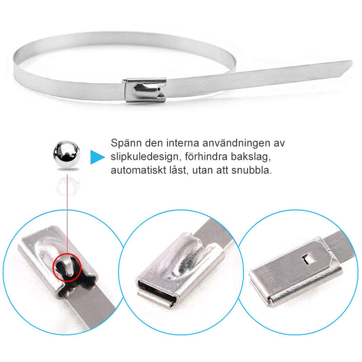 Metalliska spännband av rostfritt stål med blanka ytor och stabila sömmar, perfekt för industriellt bruk och hushåll.