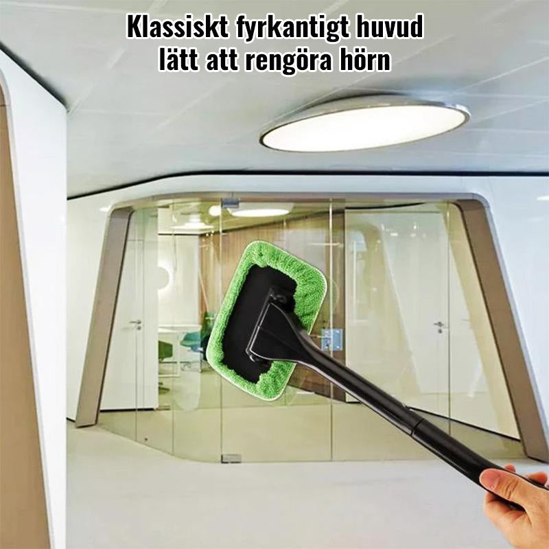 Mikrofiberfönsterrengörare med ergonomiskt plasthandtag för enkel rengöring av bil- och hemmavindutor.