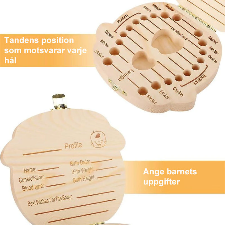 Tandlåda i miljövänligt furu för barn, rymmer 22 tänder, tillgänglig för pojke och flicka, kompakt design med nostalgisk charm.