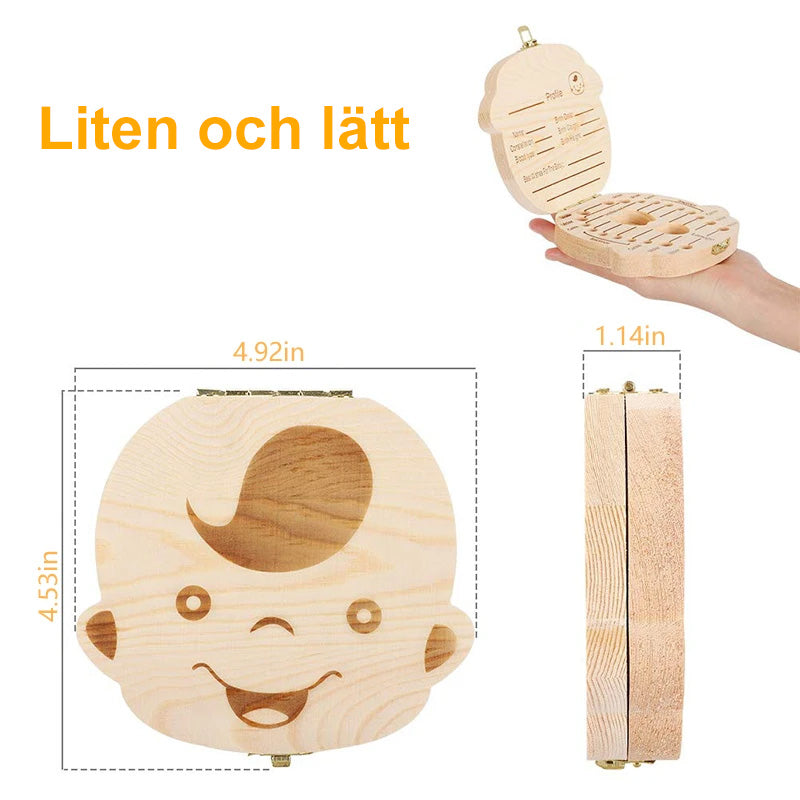 Tandlåda i miljövänligt furu för barn, rymmer 22 tänder, tillgänglig för pojke och flicka, kompakt design med nostalgisk charm.