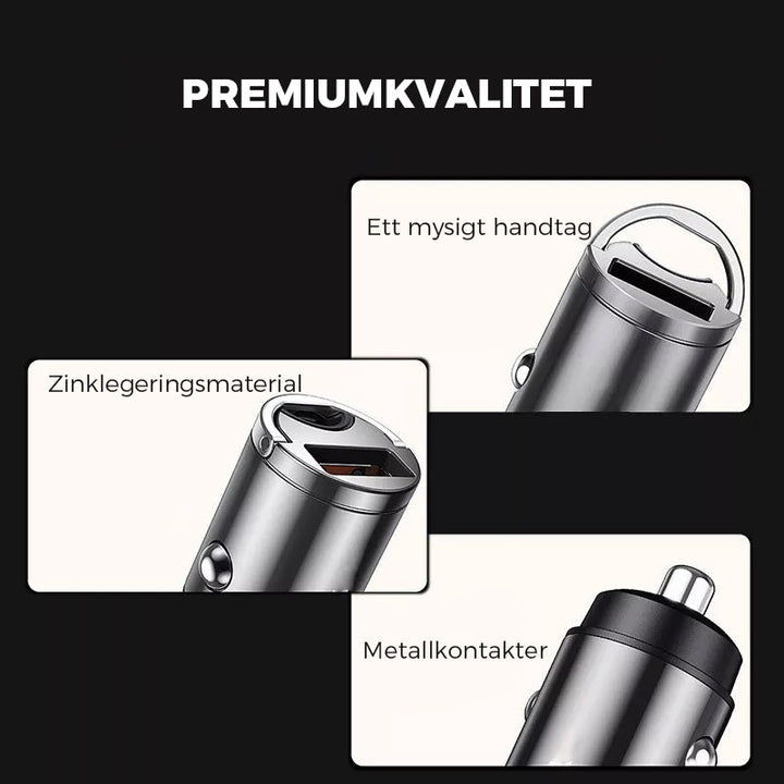 Kompakt biladapter i zinklegering med dubbla USB-portar för snabbladdning, diskret design som passar de flesta enheter i bilen.