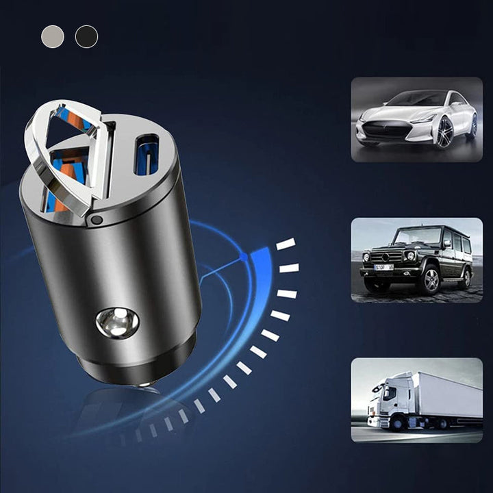 Kompakt biladapter i zinklegering med dubbla USB-portar för snabbladdning, diskret design som passar de flesta enheter i bilen.