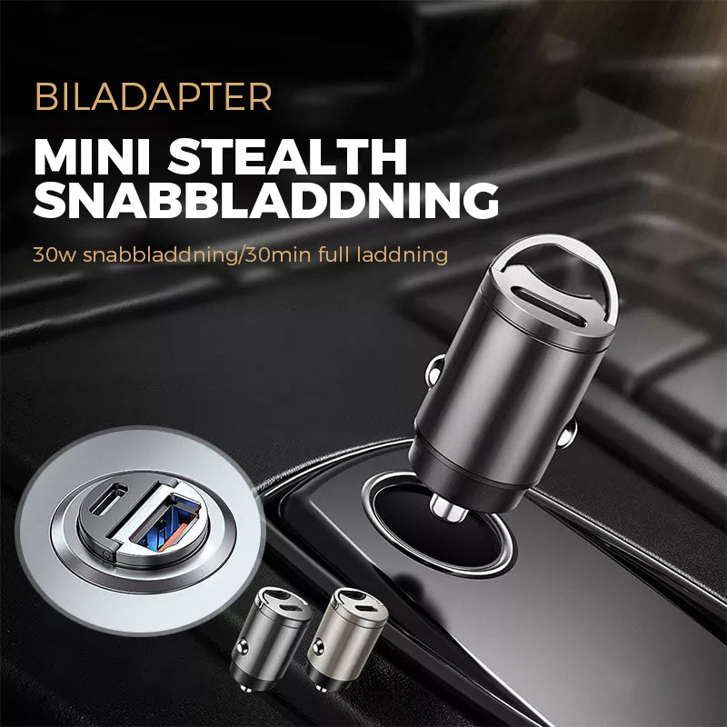 Kompakt biladapter i zinklegering med dubbla USB-portar för snabbladdning, diskret design som passar de flesta enheter i bilen.