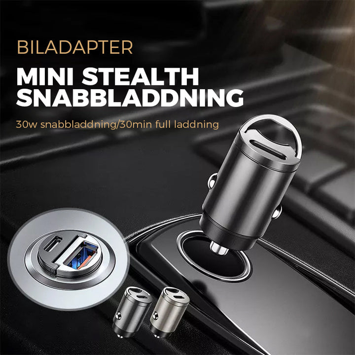 Kompakt biladapter i zinklegering med dubbla USB-portar för snabbladdning, diskret design som passar de flesta enheter i bilen.