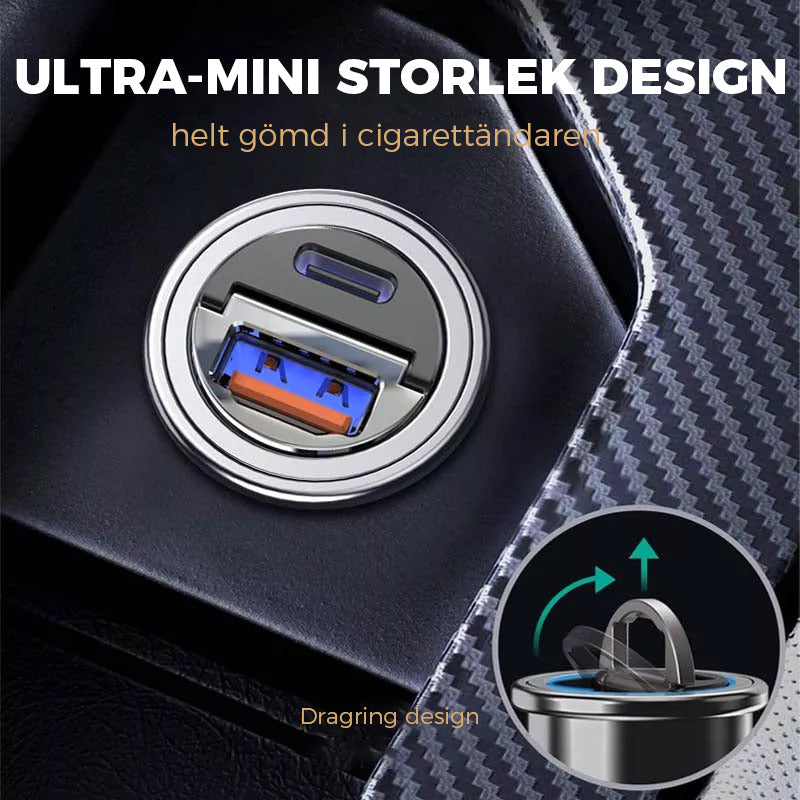 Kompakt biladapter i zinklegering med dubbla USB-portar för snabbladdning, diskret design som passar de flesta enheter i bilen.