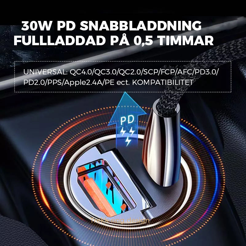 Kompakt biladapter i zinklegering med dubbla USB-portar för snabbladdning, diskret design som passar de flesta enheter i bilen.