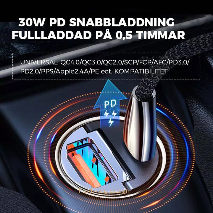 Kompakt biladapter i zinklegering med dubbla USB-portar för snabbladdning, diskret design som passar de flesta enheter i bilen.