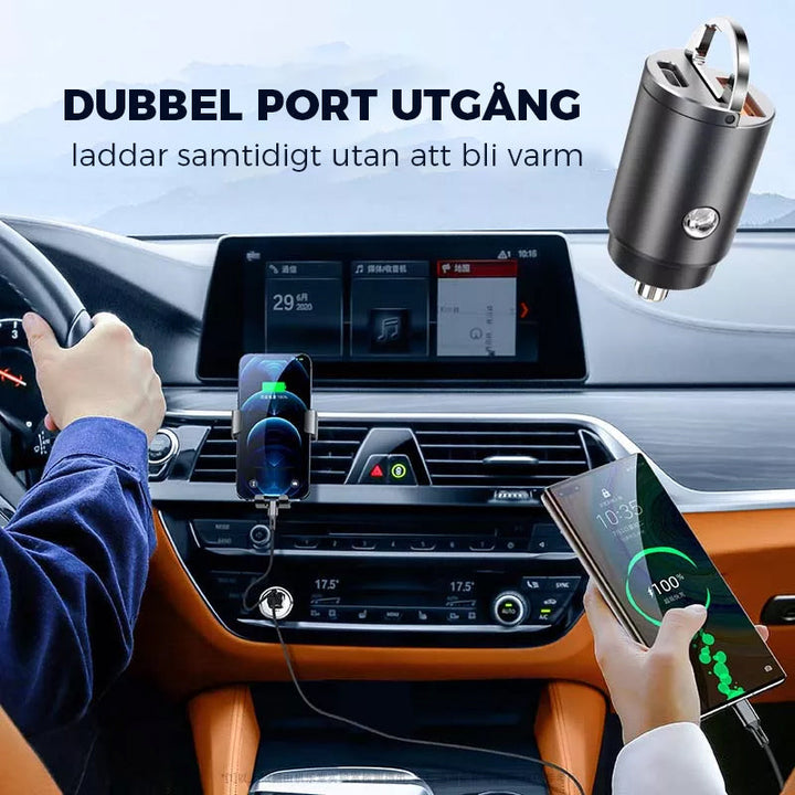 Kompakt biladapter i zinklegering med dubbla USB-portar för snabbladdning, diskret design som passar de flesta enheter i bilen.
