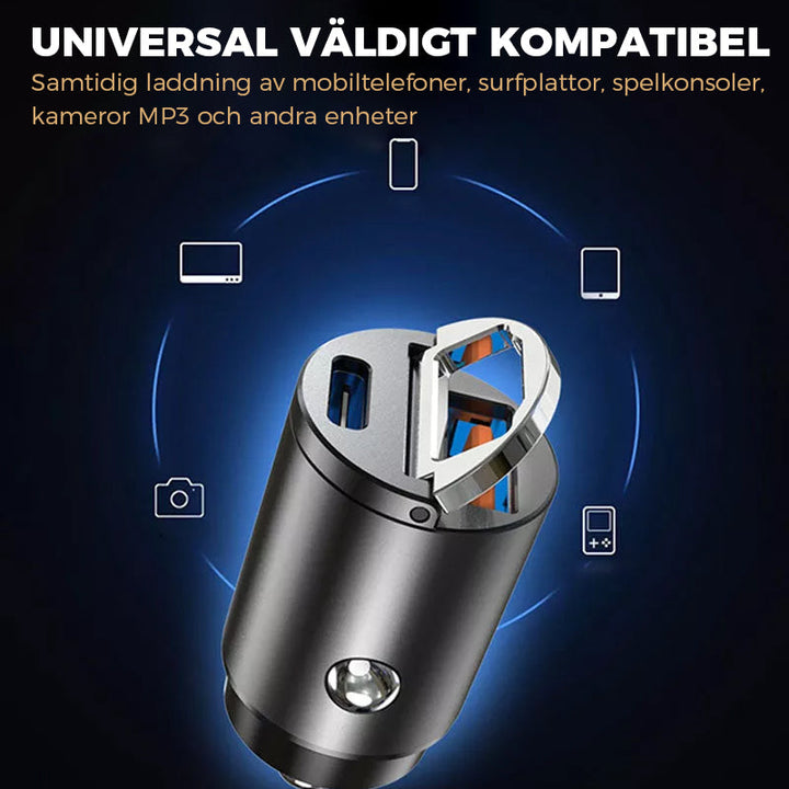 Kompakt biladapter i zinklegering med dubbla USB-portar för snabbladdning, diskret design som passar de flesta enheter i bilen.