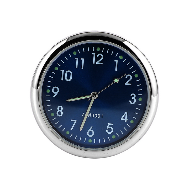 "Mini bilklocka med lysande digital display, rund metall, svart och vit färg, perfekt för stil och funktion i bilen."