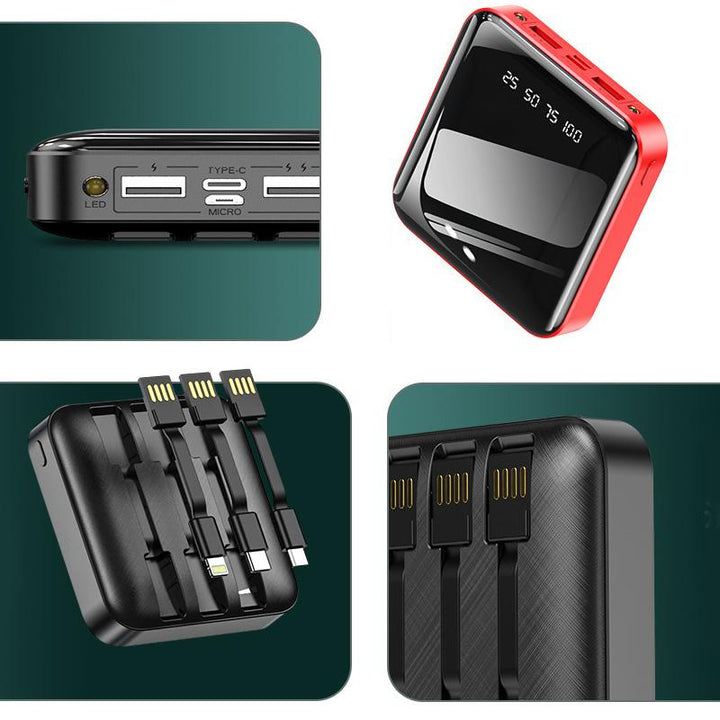 "Mini powerbank med spegelyta, externa kablar; kompakt, elegant design för enkel laddning av enheter på språng."