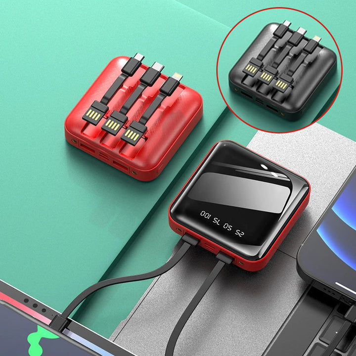 "Mini powerbank med spegelyta, externa kablar; kompakt, elegant design för enkel laddning av enheter på språng."