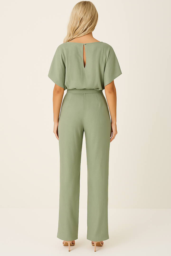 Elegant damjumpsuit "Emma" med vida ben, kort ärm och knytband. Perfekt för fest & vardag.