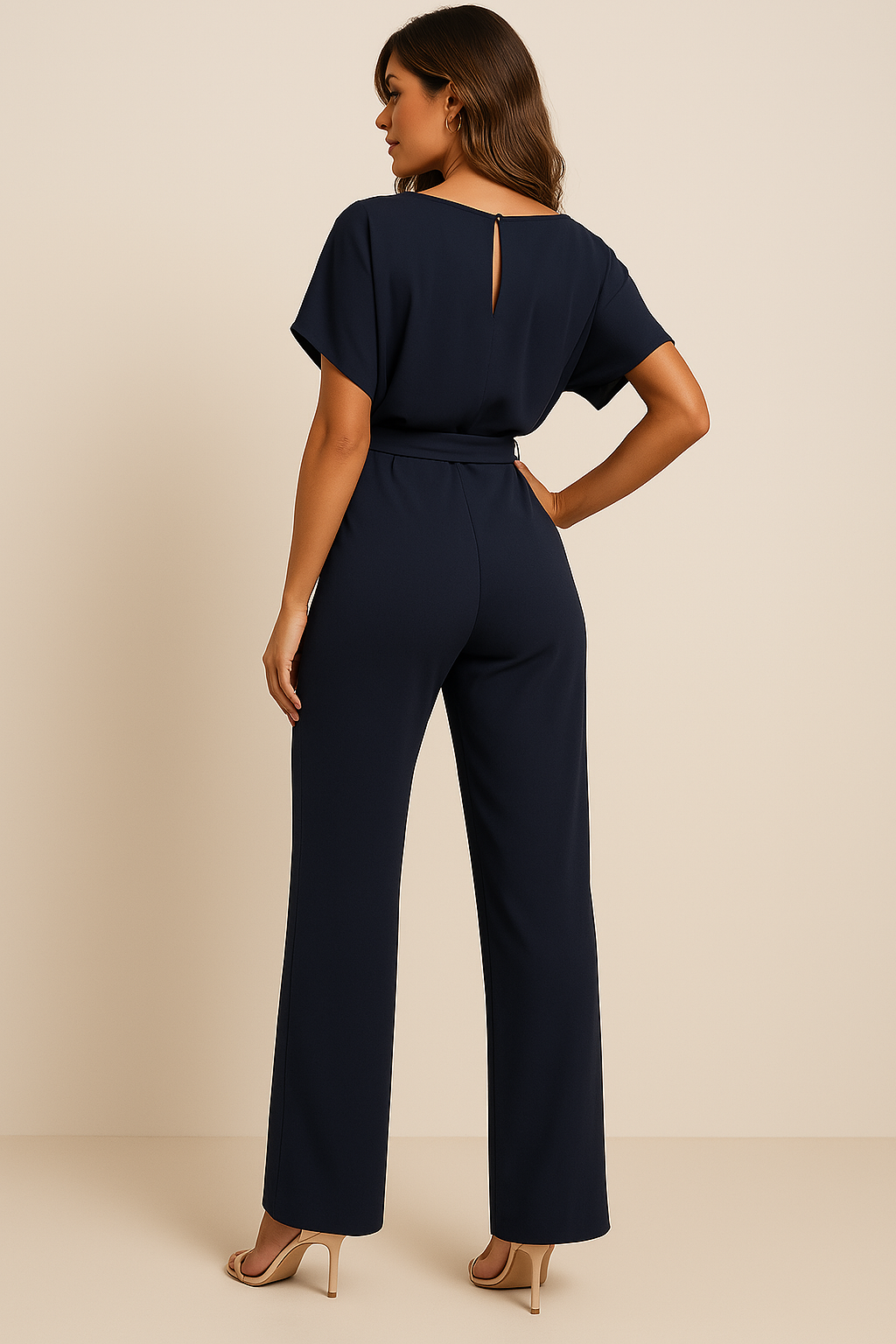 Stilren damjumpsuit med kort ärm, vida ben och knytband. Mångsidig för olika tillfällen.
