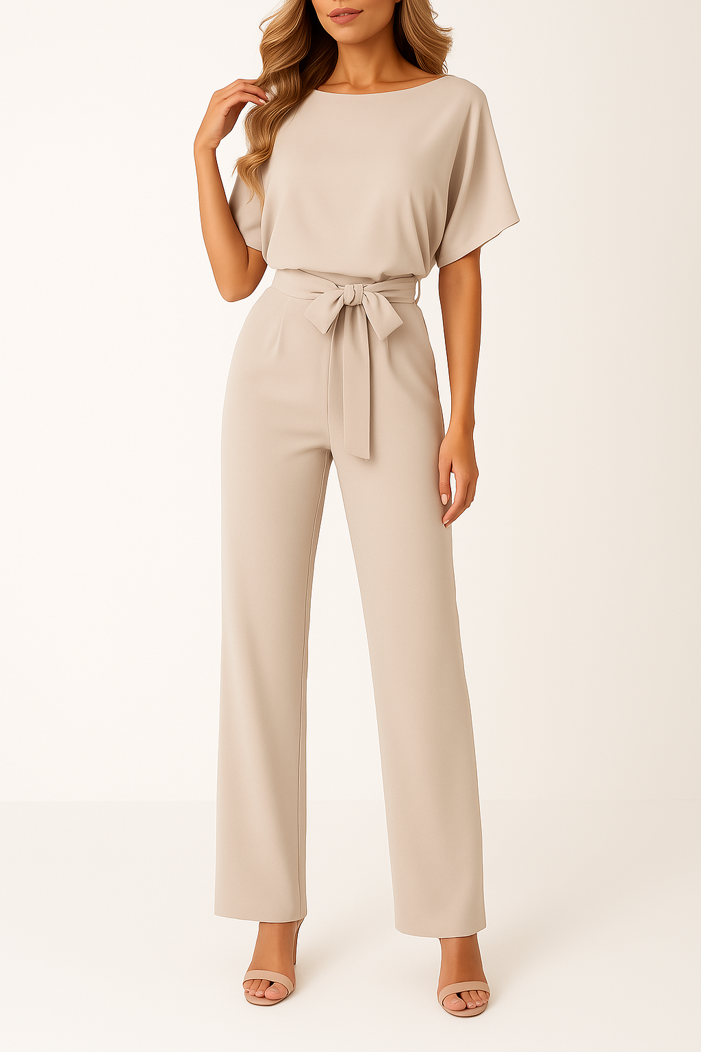 Snygg damjumpsuit med vida ben, knytband och kort ärm. För en avslappnad men elegant stil.