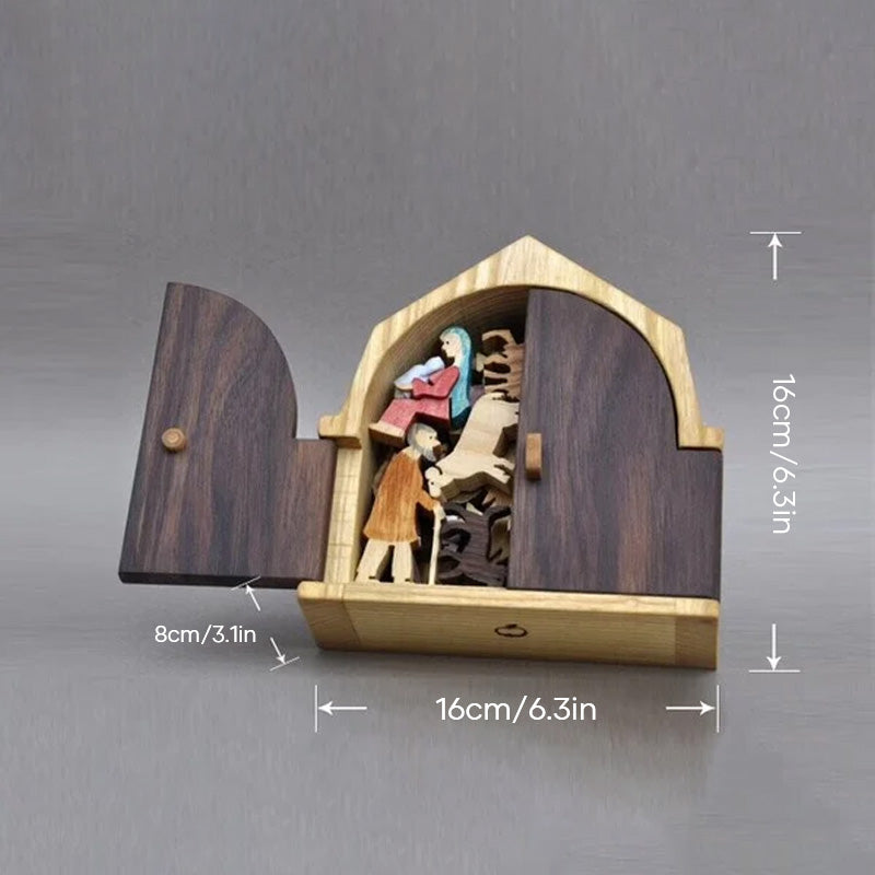 "Minimalistisk handgjord träkrubba, modern juldekoration med mångsidiga figurer och elegant design, perfekt för hemmet."