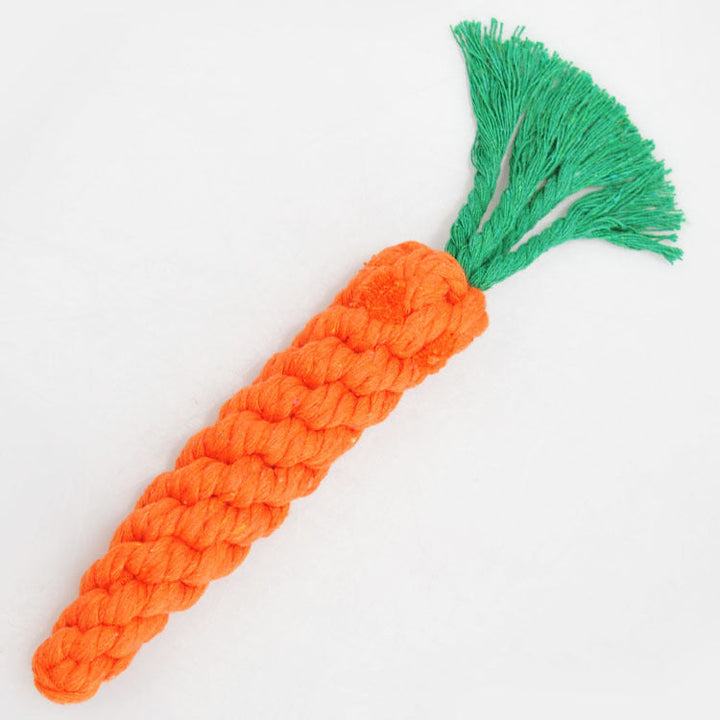 Rolig orange tuggmorot hundleksak i plysch. Hållbar hundtuggleksak för valpar med lekbehov.