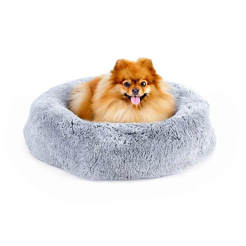 Mjuk rund plyschbädd för hund & katt. Värmande djurbädd, tvättbar för optimal komfort.