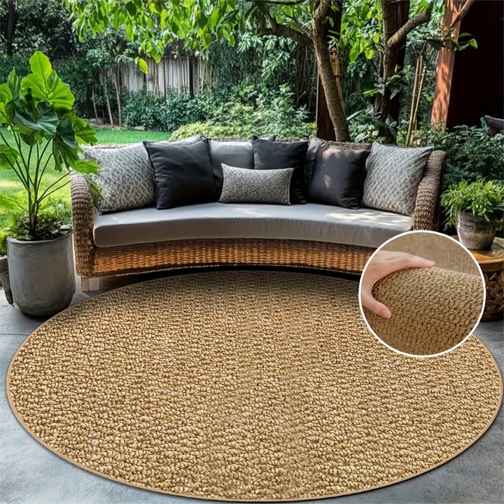 Mjuk, rund stickad polyestermatta i boho-stil. Tvättbar inomhusmatta för vardagsrum & sovrum.