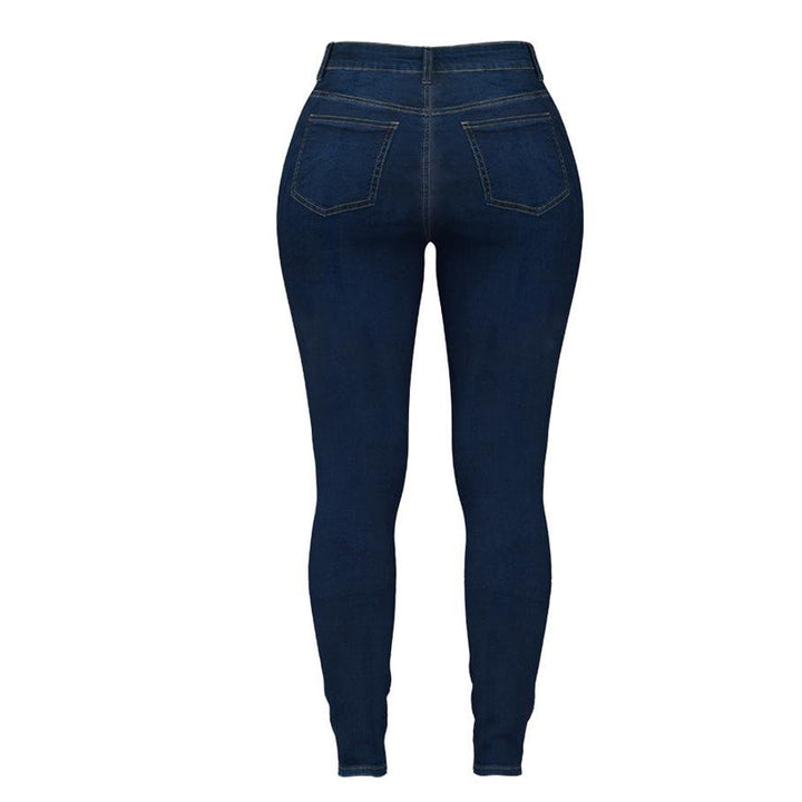 "Moderiktiga dubbelknäppta skinny-jeans med hög midja för kvinnor, sett framifrån, erbjuder stil och komfort."