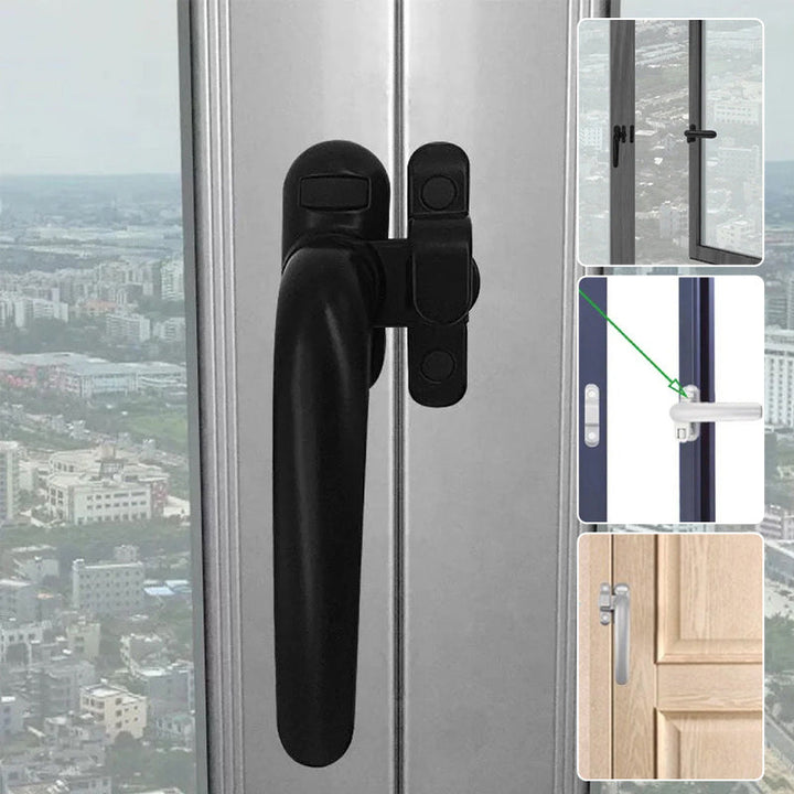 Modernt casement-handtag för dörr och fönster i aluminium, svart finish, ergonomisk design med omvänd funktionalitet.