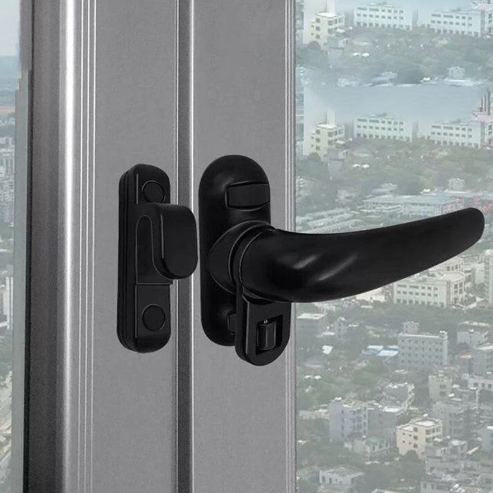 Modernt casement-handtag för dörr och fönster i aluminium, svart finish, ergonomisk design med omvänd funktionalitet.