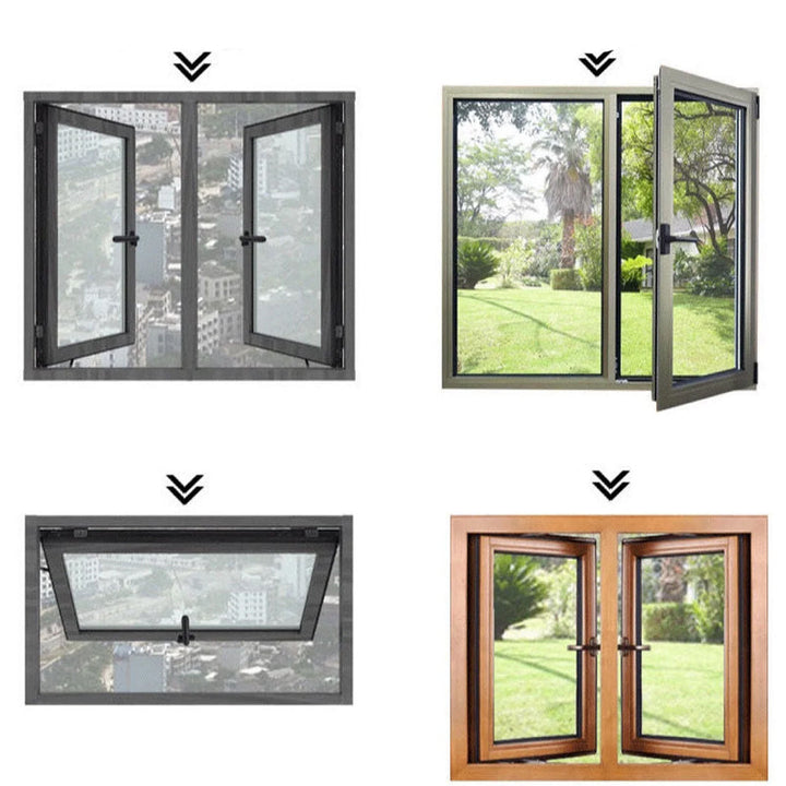 Modernt casement-handtag för dörr och fönster i aluminium, svart finish, ergonomisk design med omvänd funktionalitet.