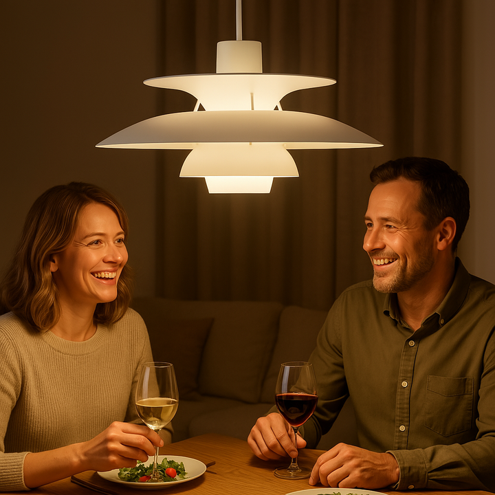 Modern dimbar LED-taklampa, rund design för perfekt stämningsbelysning i vardagsrum.