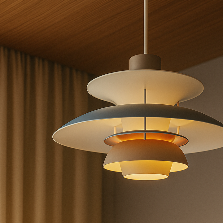 Energieffektiv dimbar LED-taklampa, idealisk för en modern och ljus matplats.