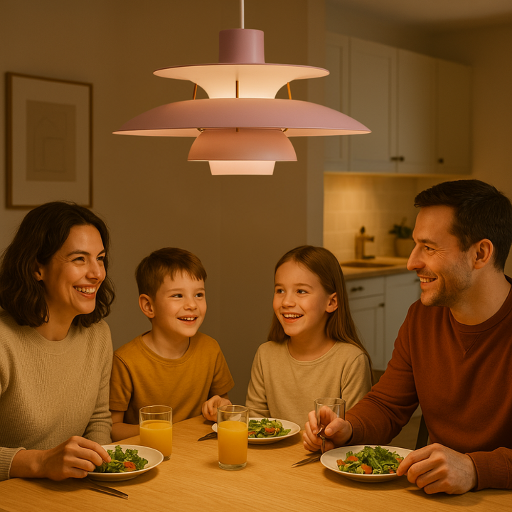 Energieffektiv LED-taklampa med dimfunktion, idealisk för matsal och modern inredning.