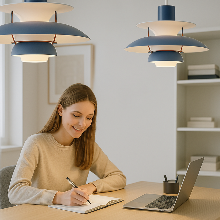 Rund dimbar LED-lampa, perfekt för matsalsbordet med sin moderna och energieffektiva design.