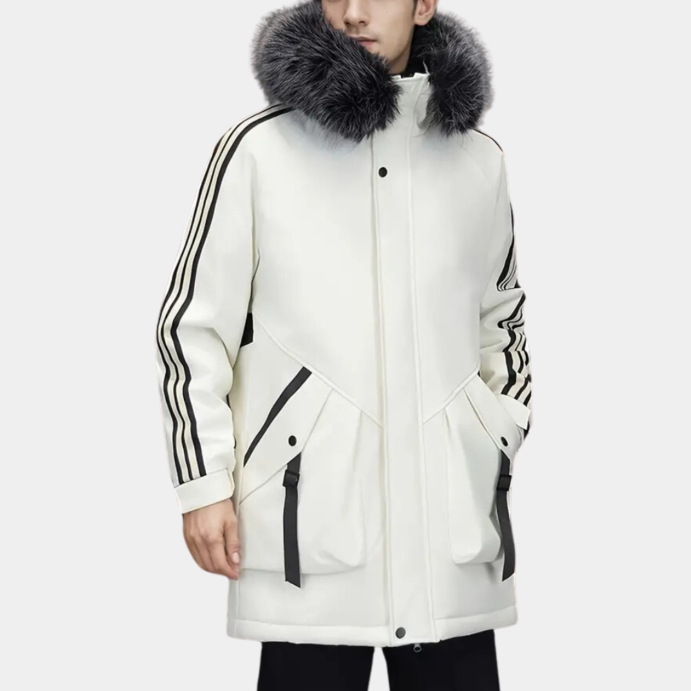 Modern herr vinterjacka, varm parkas för kalla dagar. Stilrent ytterplagg som kombinerar funktion med vintermode.
