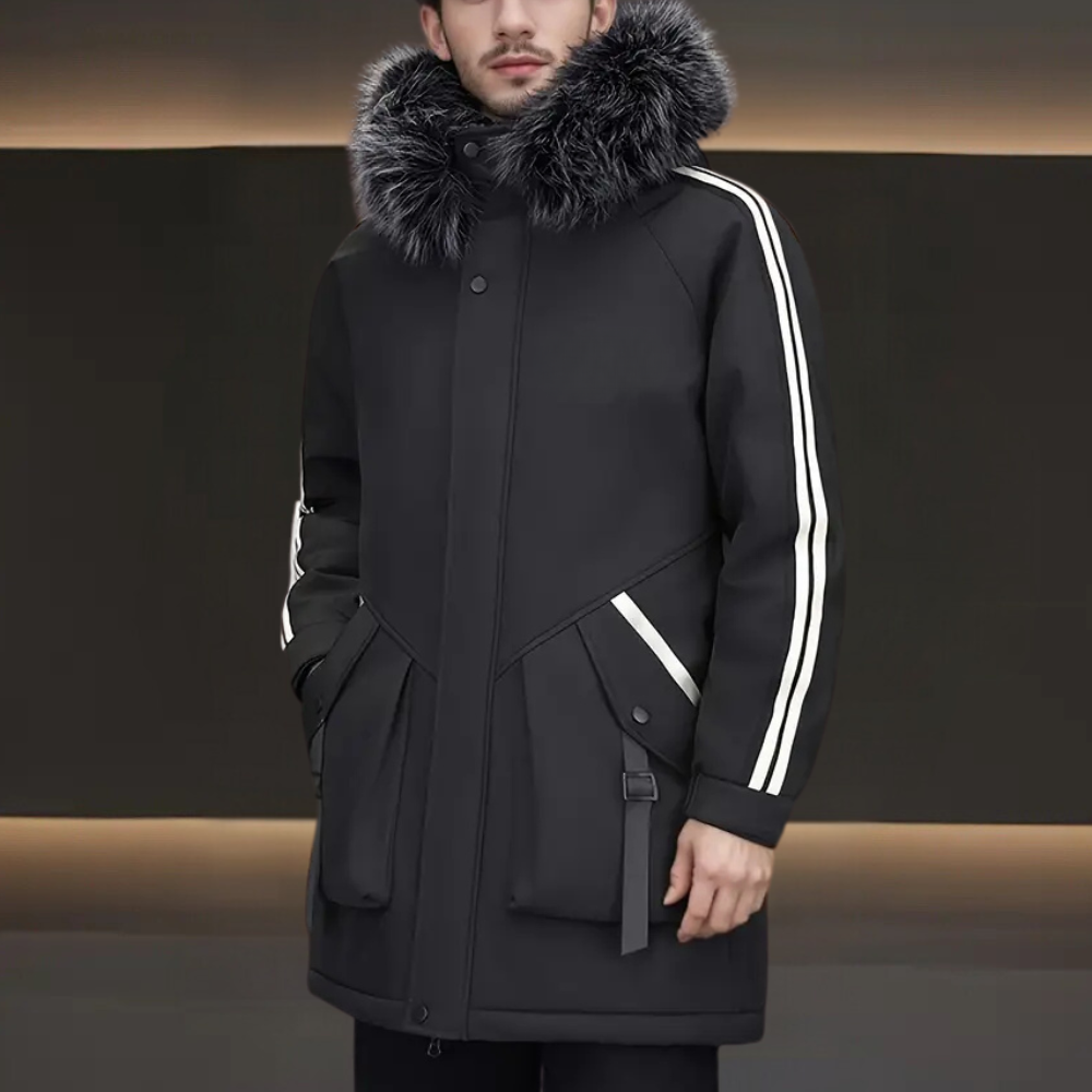 Trendig herr vinterjacka, modern parkas. Ett stilfullt ytterplagg för vintermode som håller kylan borta.
