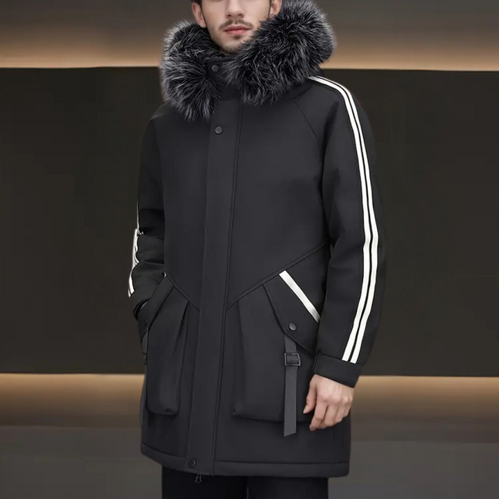 Trendig herr vinterjacka, modern parkas. Ett stilfullt ytterplagg för vintermode som håller kylan borta.