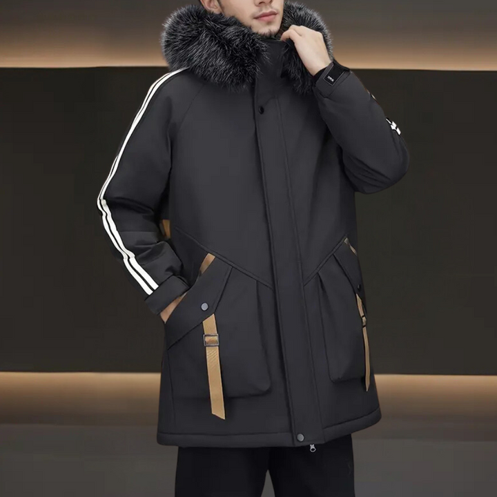 Funktionell herr vinterjacka, varm parkas som skyddar mot kyla. Perfekt som ytterplagg i kallt vinterväder.