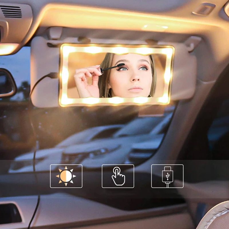 "Modern LED sminkspegel i bil med justerbar belysning i tre nivåer, monterad på bilens visir för optimal sminkning."
