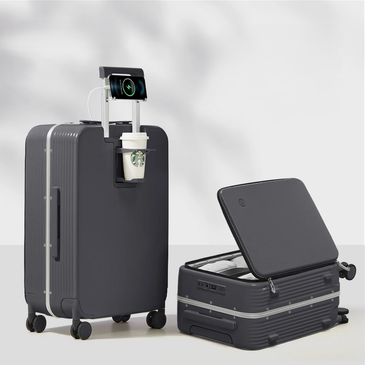 Snygg, modern resväska med hårt skal, USB-port & robust aluminiumram. Stilrent bagage.